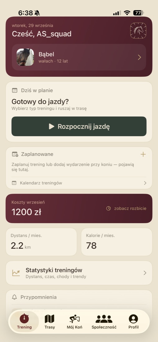 Ekran główny z kosztami miesiąca i dystansem
